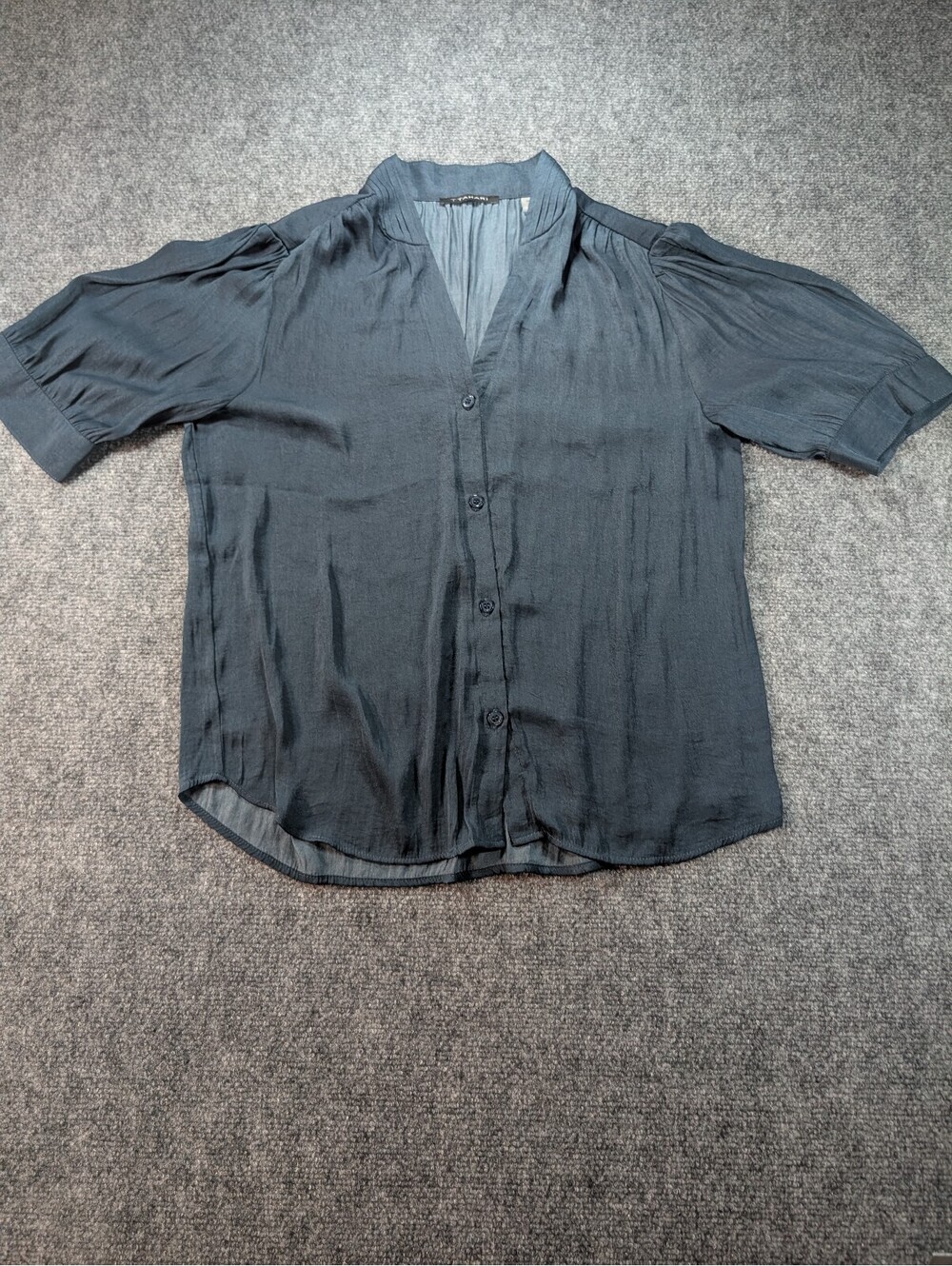 Tahari Women's Medium Navy Short Sleeve Button Up Blouse Pleated Business Casual
